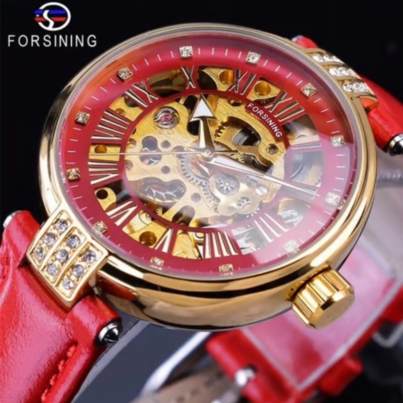 Forsining Womens Automatic Transparent Skeleton RED Leather Band Ladies Watch